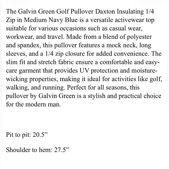 Galvin Green Golf Pullover Daxton Insulating 1/4 Zip Medium Navy Blue Polyester - Picture 8 of 8
